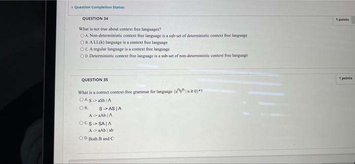 Question 31 What Is A Correct Context Free Grammar For A Language Defined As Ab N20 A 2nn 20j Oas Ab A Ab A 3