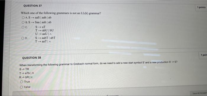 Question 31 What Is A Correct Context Free Grammar For A Language Defined As Ab N20 A 2nn 20j Oas Ab A Ab A 5