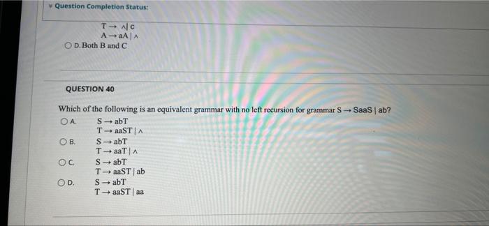 Question 31 What Is A Correct Context Free Grammar For A Language Defined As Ab N20 A 2nn 20j Oas Ab A Ab A 7