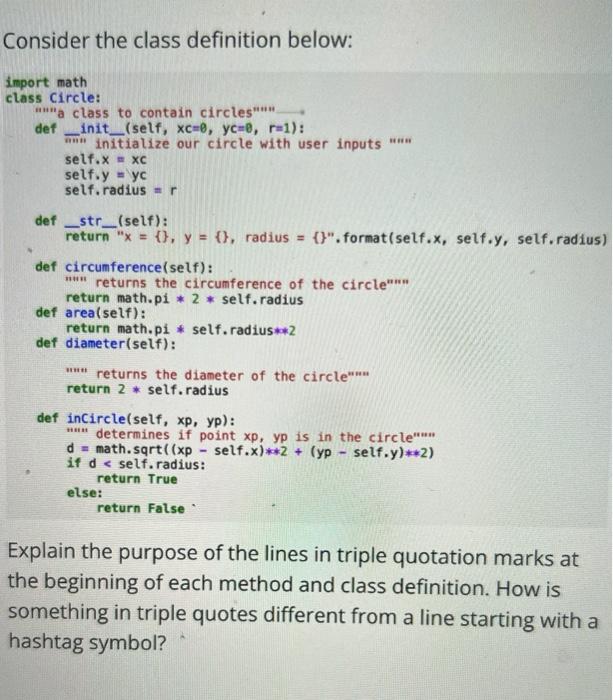 Consider The Class Definition Below Import Math Class Circle A Class To Contain Circles Der Init Self Xc You 1 2