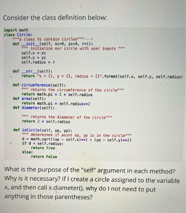 Consider The Class Definition Below Import Math Class Circle A Class To Contain Circles Der Init Self Xc You 1 3