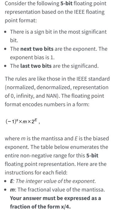 Consider The Following 5 Bit Floating Point Representation Based On The Ieee Floating Point Format There Is A Sign Bi 1