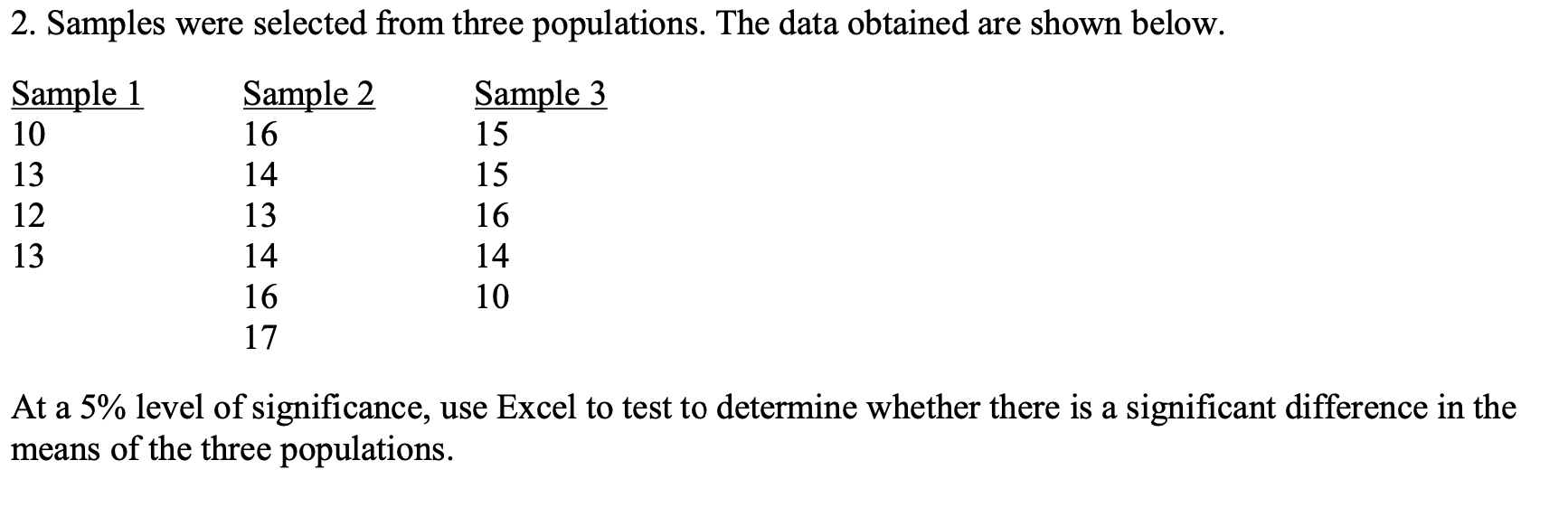 2 Samples Were Selected From Three Populations The Data Obtained Are Shown Below Sample 1 10 13 12 13 Sample 2 16 14 1