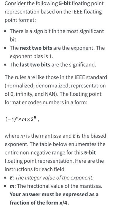 Consider The Following 5 Bit Floating Point Representation Based On The Ieee Floating Point Format There Is A Sign Bi 1