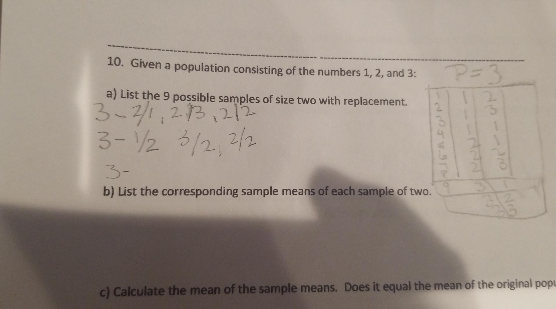10 Given A Population Consisting Of The Numbers 1 2 And 3 P 3 A List The 9 Possible Samples Of Size Two With Replac 2