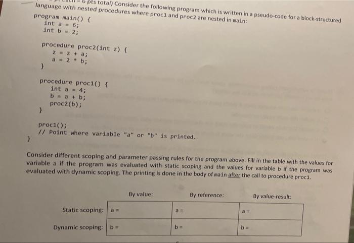 B Pts Total Consider The Following Program Which Is Written In A Pseudo Code For A Block Structured Language With Neste 1