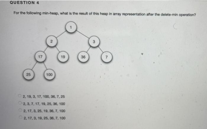 Question 4 For The Following Min Heap What Is The Result Of This Heap In Array Representation After The Delete Min Oper 1