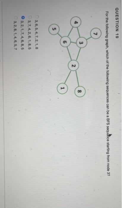Question 19 For The Following Graph Which Of The Following Sequences Can Be A Bfs Sequence Starting From Node 3 7 3 00 1