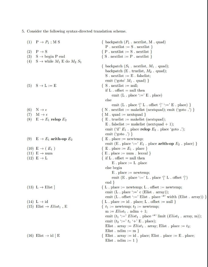 5 Consider The Following Syntax Directed Translation Scheme 1 P P Ms 2 Ps 3 S Begin Pend 4 S While M E Do M2 1