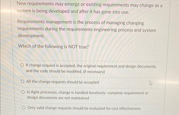 New Requirements May Emerge Or Existing Requirements May Change As A System Is Being Developed And After It Has Gone Int 1
