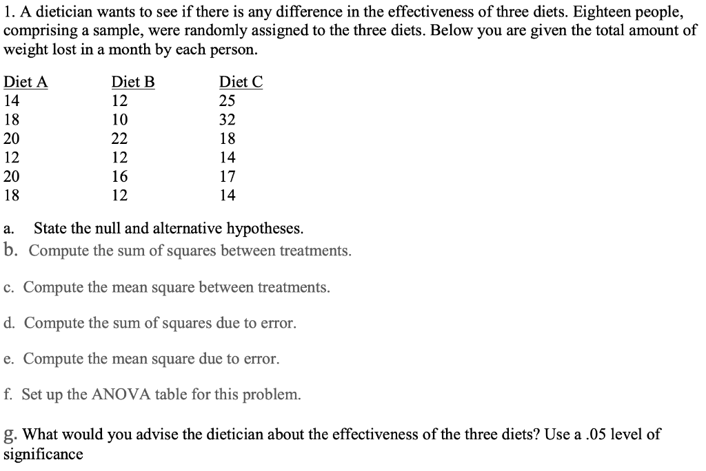 1 A Dietician Wants To See If There Is Any Difference In The Effectiveness Of Three Diets Eighteen People Comprising 1