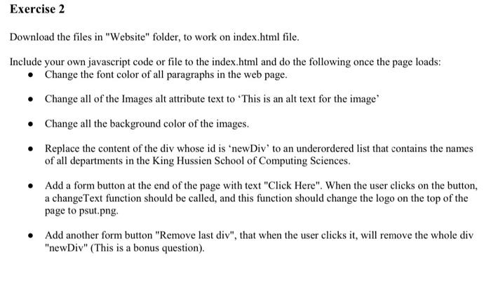 Exercise 2 Download The Files In Website Folder To Work On Index Html File Include Your Own Javascript Code Or File 1