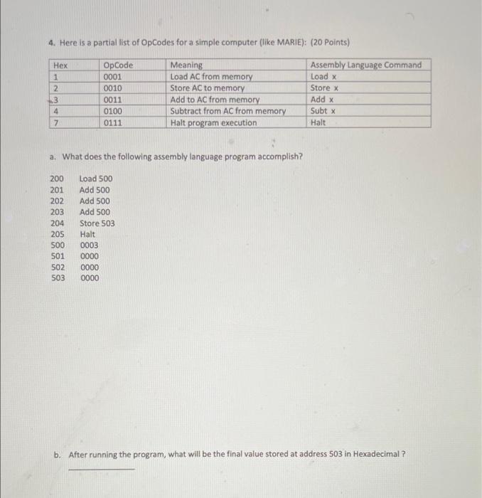 4 Here Is A Partial List Of Opcodes For A Simple Computer Like Marie 20 Points Hex 1 2 3 4 7 Opcode 0001 0010 0011 1