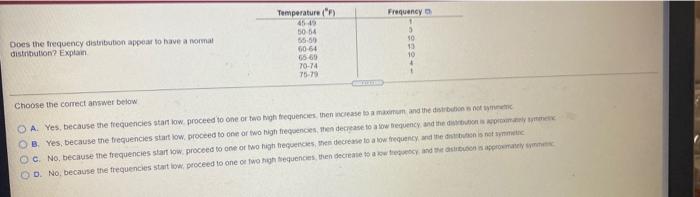 Temperature Frequency Does The Frequency Distribution Appear To Have A Normal Distribution Explain 60 64 5650 60 64 1