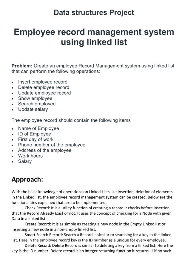 Data Structures Project Employee Record Management System Using Linked List Problem Create An Employee Record Managemen 1