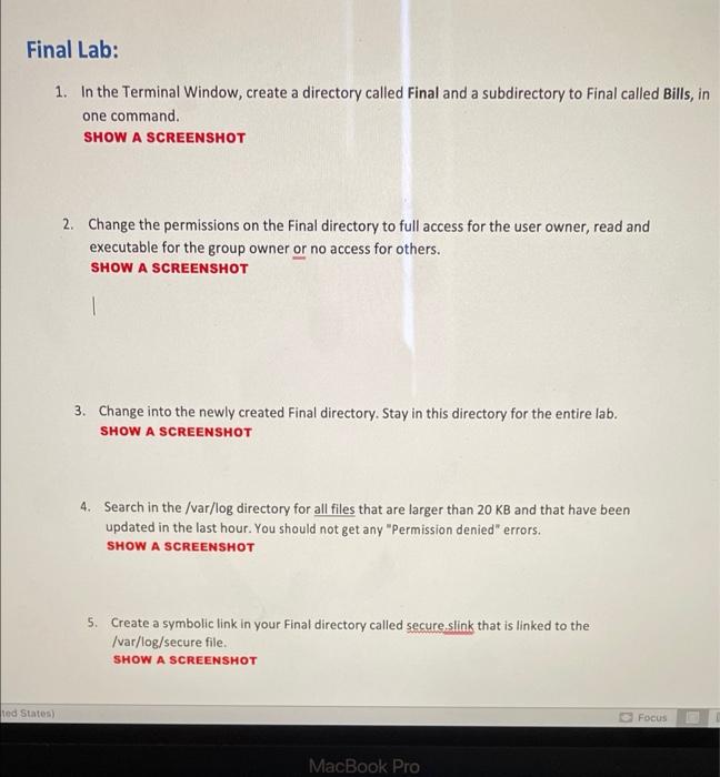 Final Lab 1 In The Terminal Window Create A Directory Called Final And A Subdirectory To Final Called Bills In One C 1