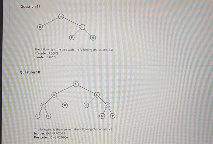 Question 19 The Following Is The Tree With The Following Characteristics Preorder Abdhijcflmg Inorder Dbihalfmcg Ques 2