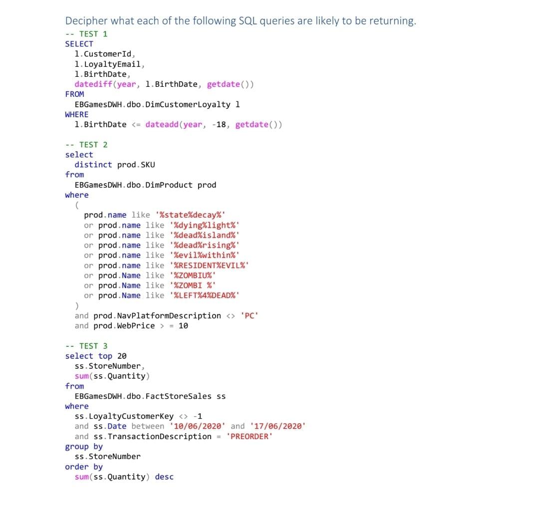 Decipher What Each Of The Following Sql Queries Are Likely To Be Returning Test 1 Select 1 Customerid 1 Loyaltyema 1