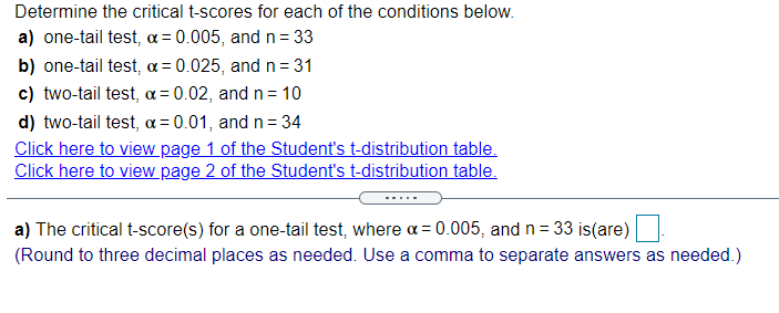 Determine The Critical T Scores For Each Of The Conditions Below A One Tail Test A 0 005 And N 33 B One Tail Test 1