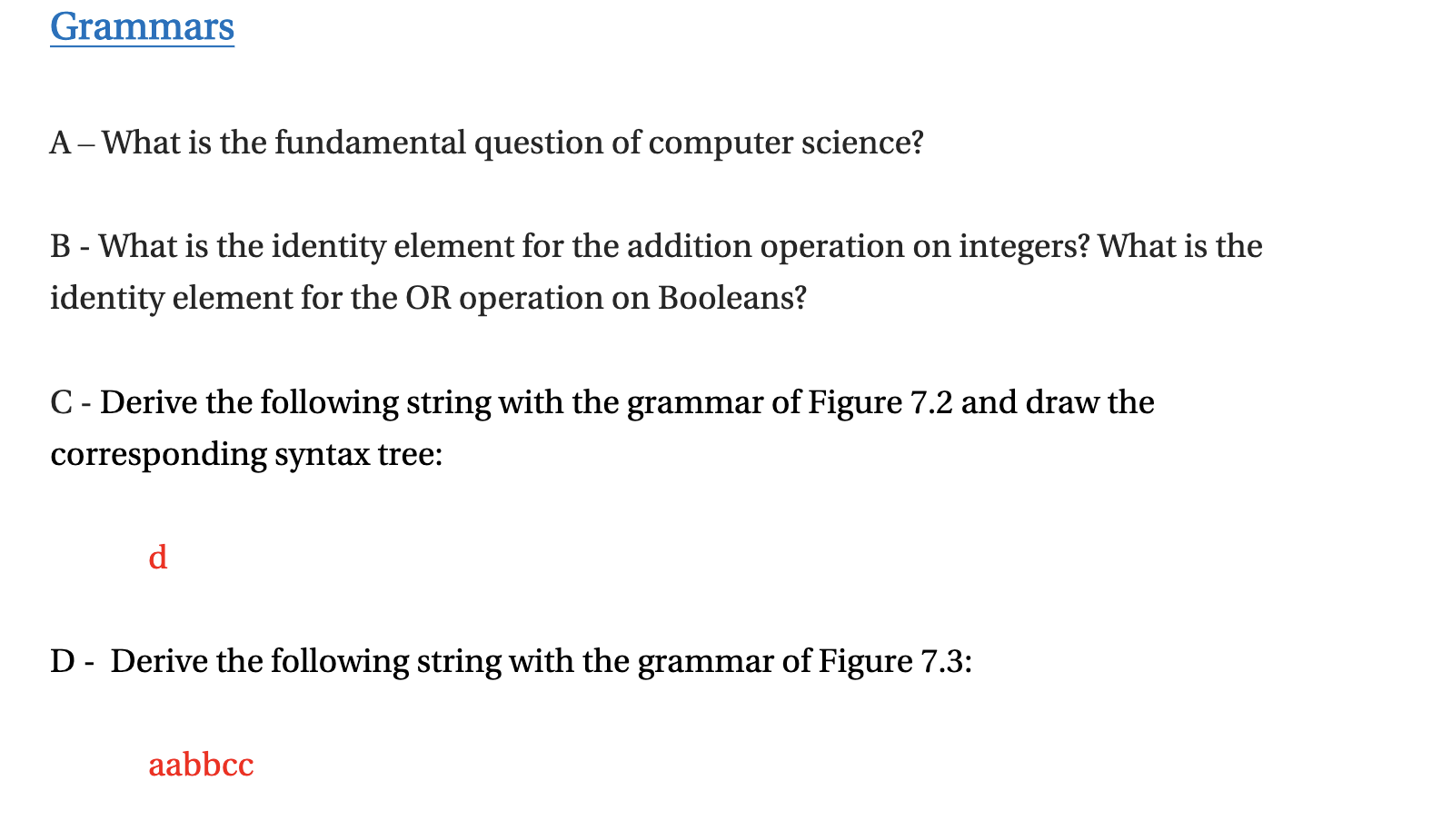Grammars A What Is The Fundamental Question Of Computer Science B What Is The Identity Element For The Addition Opera 1