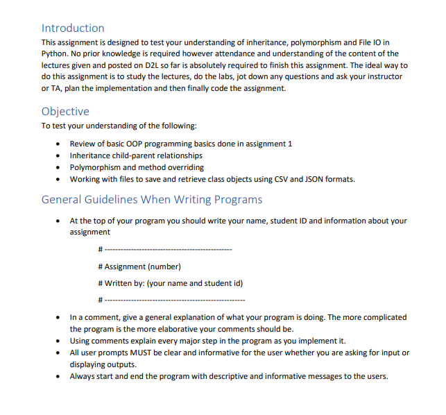 Introduction This Assignment Is Designed To Test Your Understanding Of Inheritance Polymorphism And File 10 In Python 1