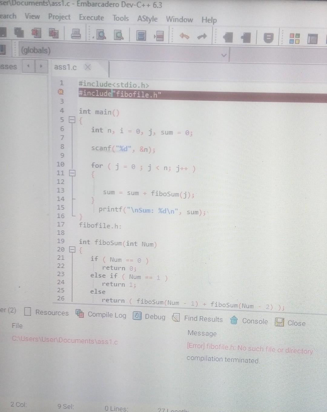 Ser Documents Ass1 C Embarcadero Dev C 6 3 Earch View Project Execute Tools Astyle Window Help Globals Esses Ass 1