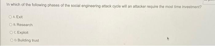 In Which Of The Following Phases Of The Social Engineering Attack Cycle Will An Attacker Require The Most Time Investmen 1