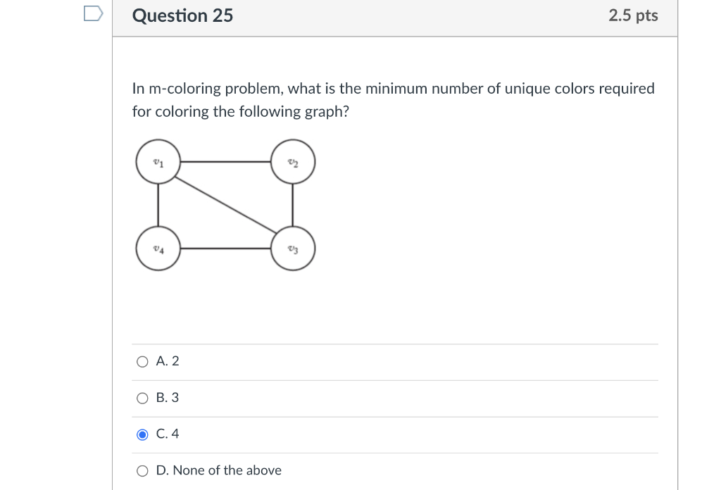 Question 25 2 5 Pts In M Coloring Problem What Is The Minimum Number Of Unique Colors Required For Coloring The Followi 1