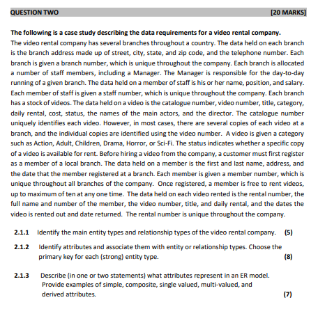 Question Two 20 Marks The Following Is A Case Study Describing The Data Requirements For A Video Rental Company The V 1
