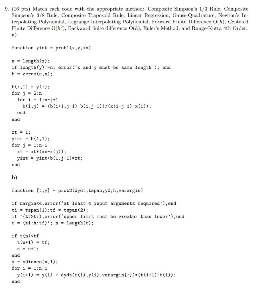 9 16 Pts Match Each Code With The Appropriate Method Composite Simpson S 1 3 Rule Composite Simpson S 3 8 Rule Com 1