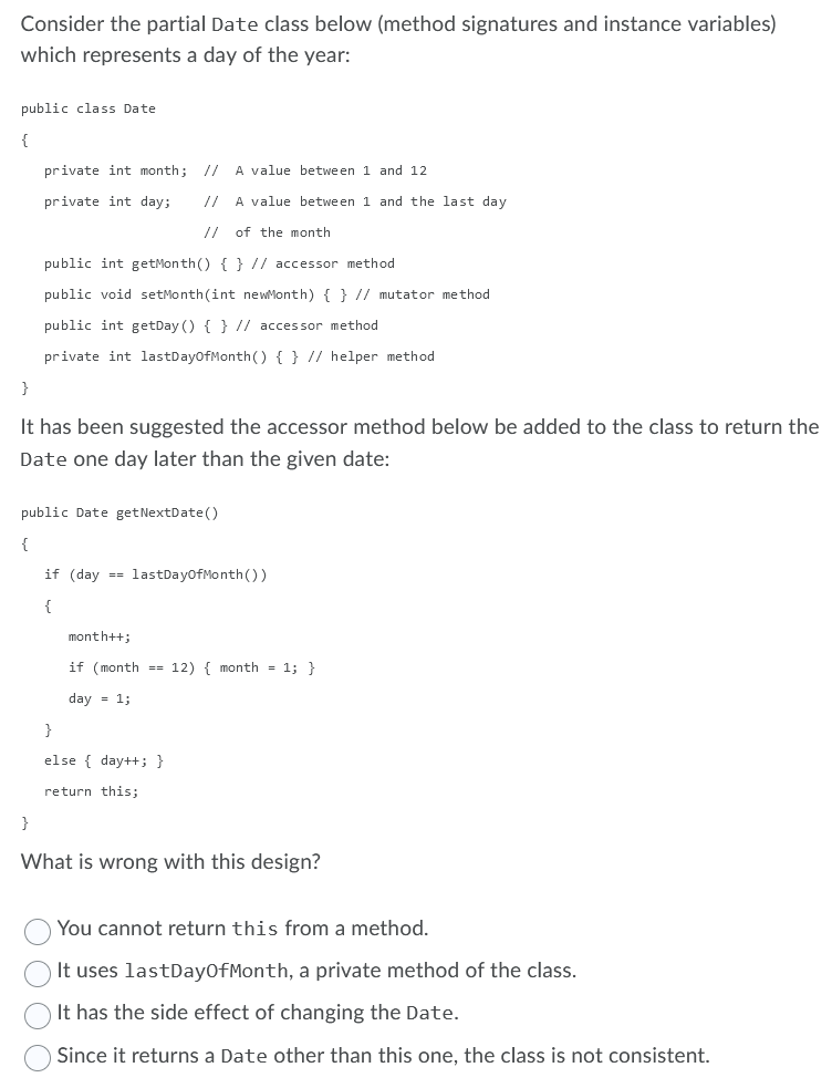 Consider The Partial Date Class Below Method Signatures And Instance Variables Which Represents A Day Of The Year Pub 1
