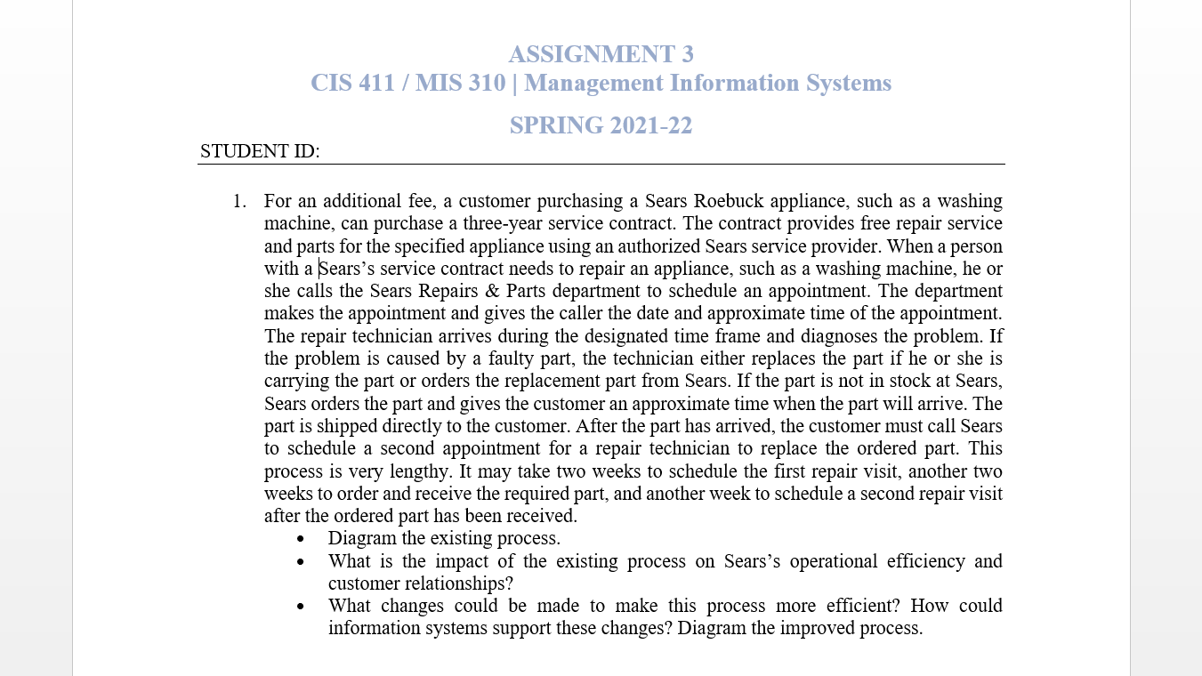 Assignment 3 Cis 411 Mis 310 Management Information Systems Spring 2021 22 Student Id 1 For An Additional Fee A C 1