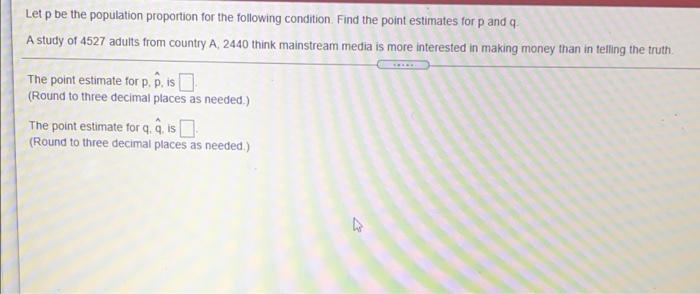 Let P Be The Population Proportion For The Following Condition Find The Point Estimates For P And A A Study Of 4527 Adu 1