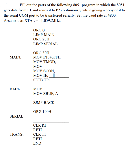 Fill Out The Parts Of The Following 8051 Program In Which The 8051 Gets Data From P1 And Sends It To P2 Continuously Whi 1