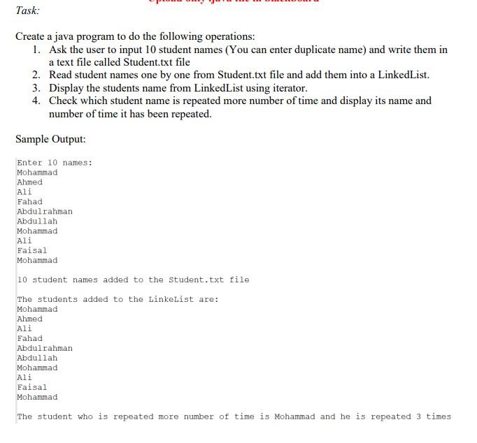 Task Create A Java Program To Do The Following Operations 1 Ask The User To Input 10 Student Names You Can Enter Dup 1