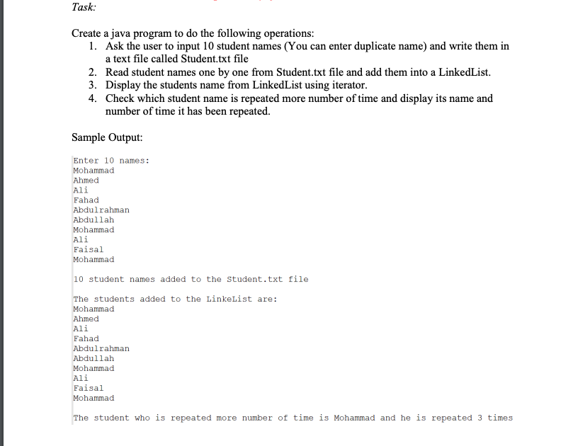 Task Create A Java Program To Do The Following Operations 1 Ask The User To Input 10 Student Names You Can Enter Dup 1