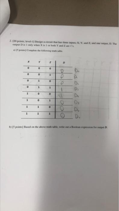 2 120 Points Level 1 Design A Circuit That Has Three Inputs X Y And Zand One Output D The Output Is Only When X I 1