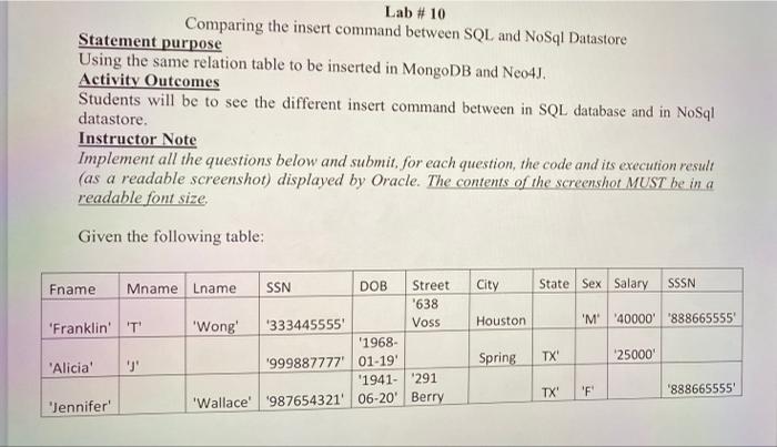 Lab 10 Comparing The Insert Command Between Sql And Nosql Datastore Statement Purpose Using The Same Relation Table To 1
