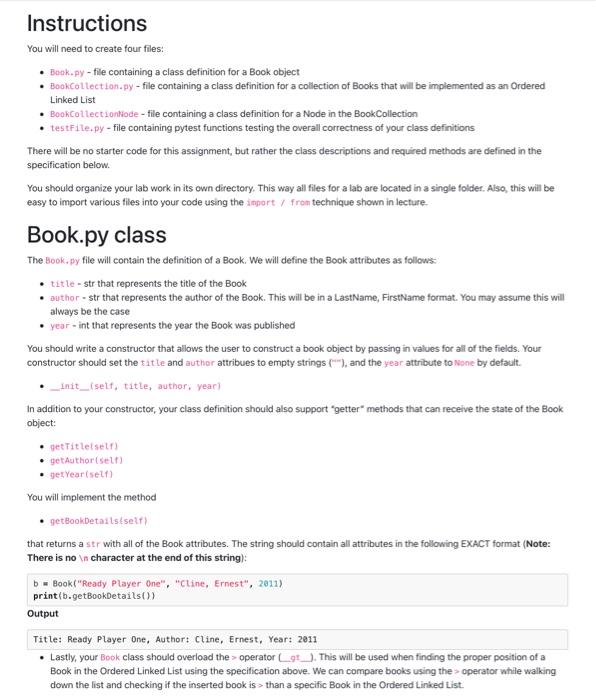 Instructions You Will Need To Create Four Files Book Py File Containing A Class Definition For A Book Object Bookco 1