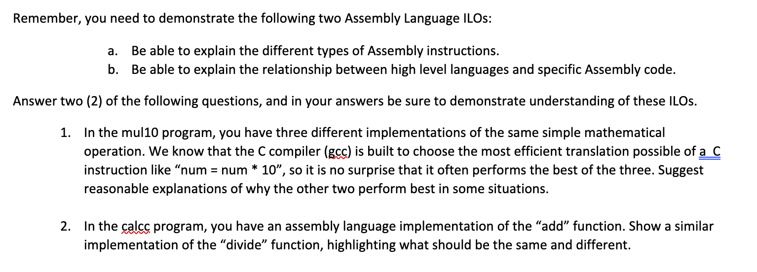 Remember You Need To Demonstrate The Following Two Assembly Language Ilos A Be Able To Explain The Different Types Of 1