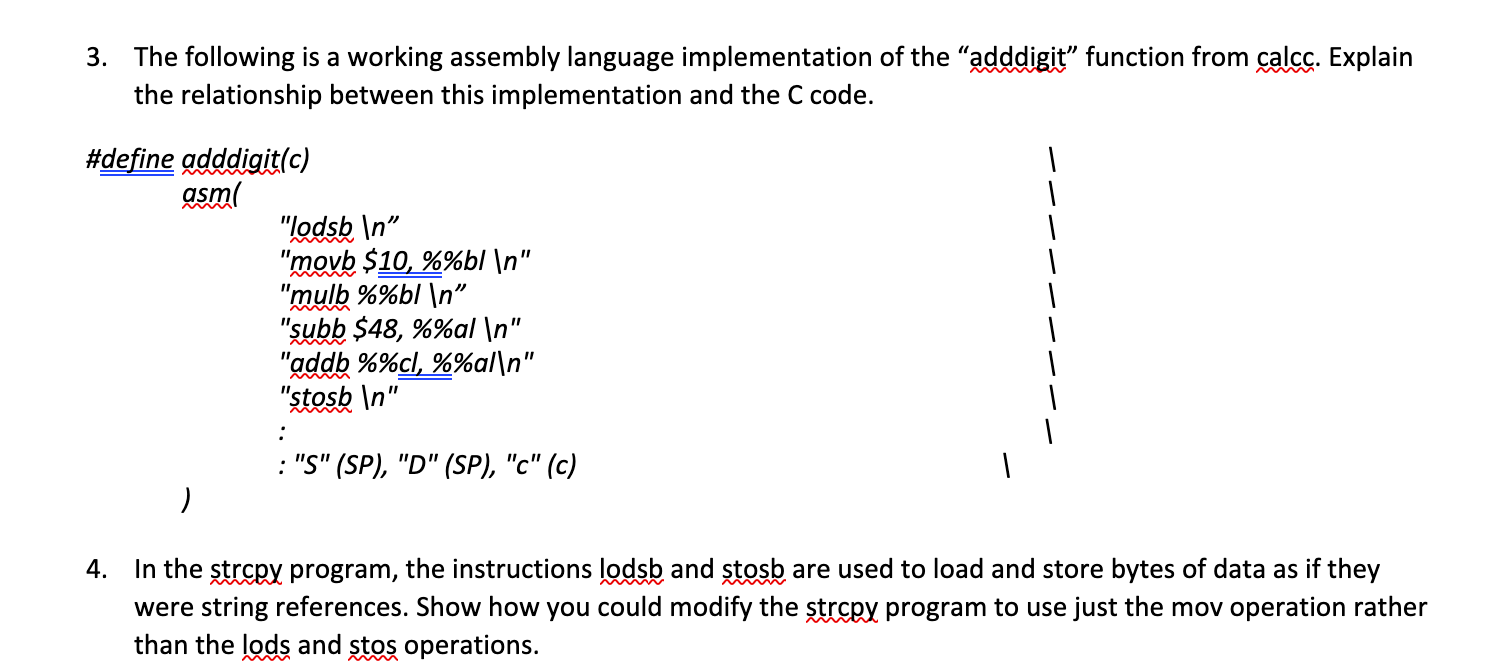 3 The Following Is A Working Assembly Language Implementation Of The Adddigit Function From Calcc Explain The Relati 1