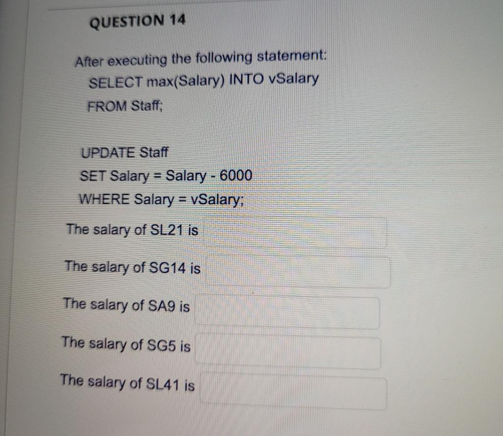 Question 14 After Executing The Following Statement Select Max Salary Into Vsalary From Staff Update Staff Set Salary 1