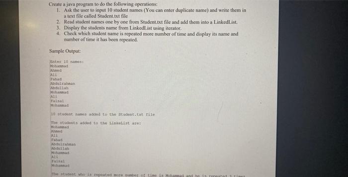 Create A Java Program To Do The Following Operations 1 Ask The User To Input 10 Student Names You Can Enter Duplicate 1