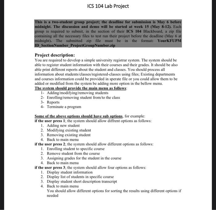 Ics 104 Lab Project This Is A Two Student Group Project The Deadline For Submission Is May 6 Before Midnight The Discu 1
