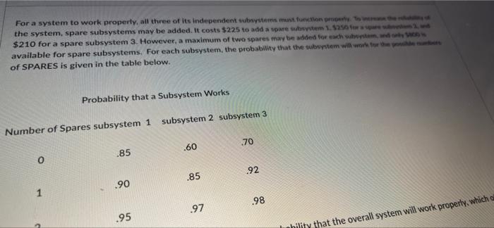 For A System To Work Properly All Three Of Its Independent Subsystemattoncomoto The System Spare Subsystems May Be Add 1