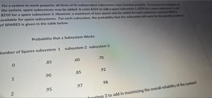 For A System To Work Properly All Three Of Its Independent Subsystems Must Function Property Tower The System Spare Su 1