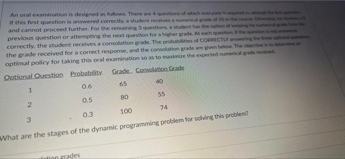 An Oral Examination Is Designed As Follows There Are 4 Questions Of Which Everyone If This First Question Is Answered C 1