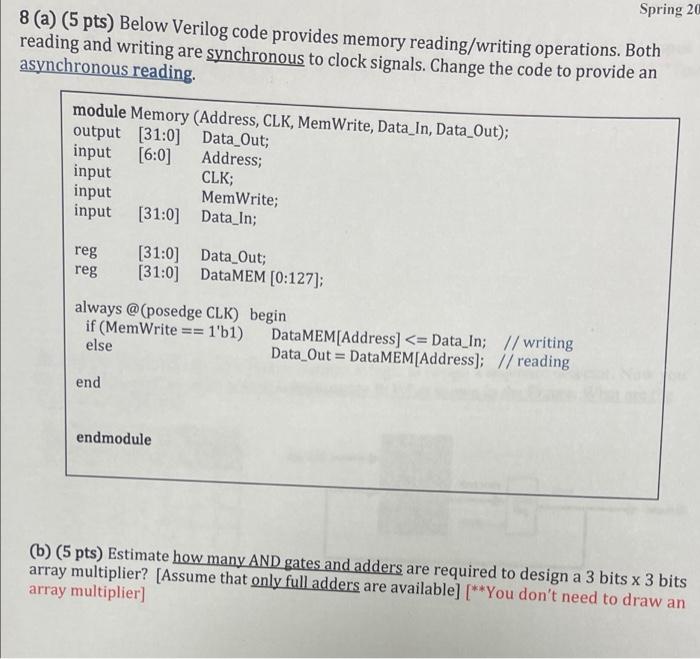 Spring 20 8 A 5 Pts Below Verilog Code Provides Memory Reading Writing Operations Both Reading And Writing Are Synch 1