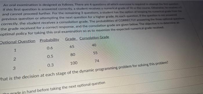 An Oral Examination Is Designed As Follows There Are 4 Questions Of Which Everyone S If This First Question Is Answered 1