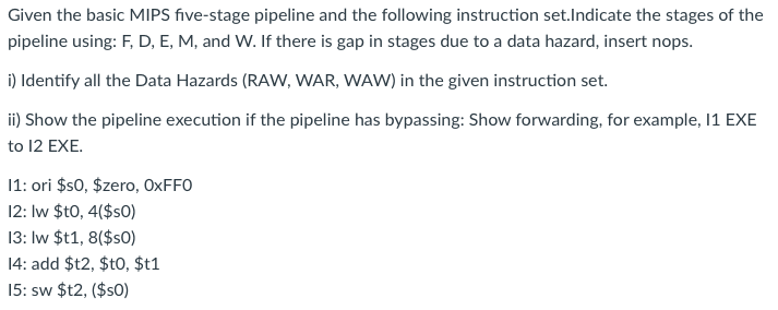 Given The Basic Mips Five Stage Pipeline And The Following Instruction Set Indicate The Stages Of The Pipeline Using F 1